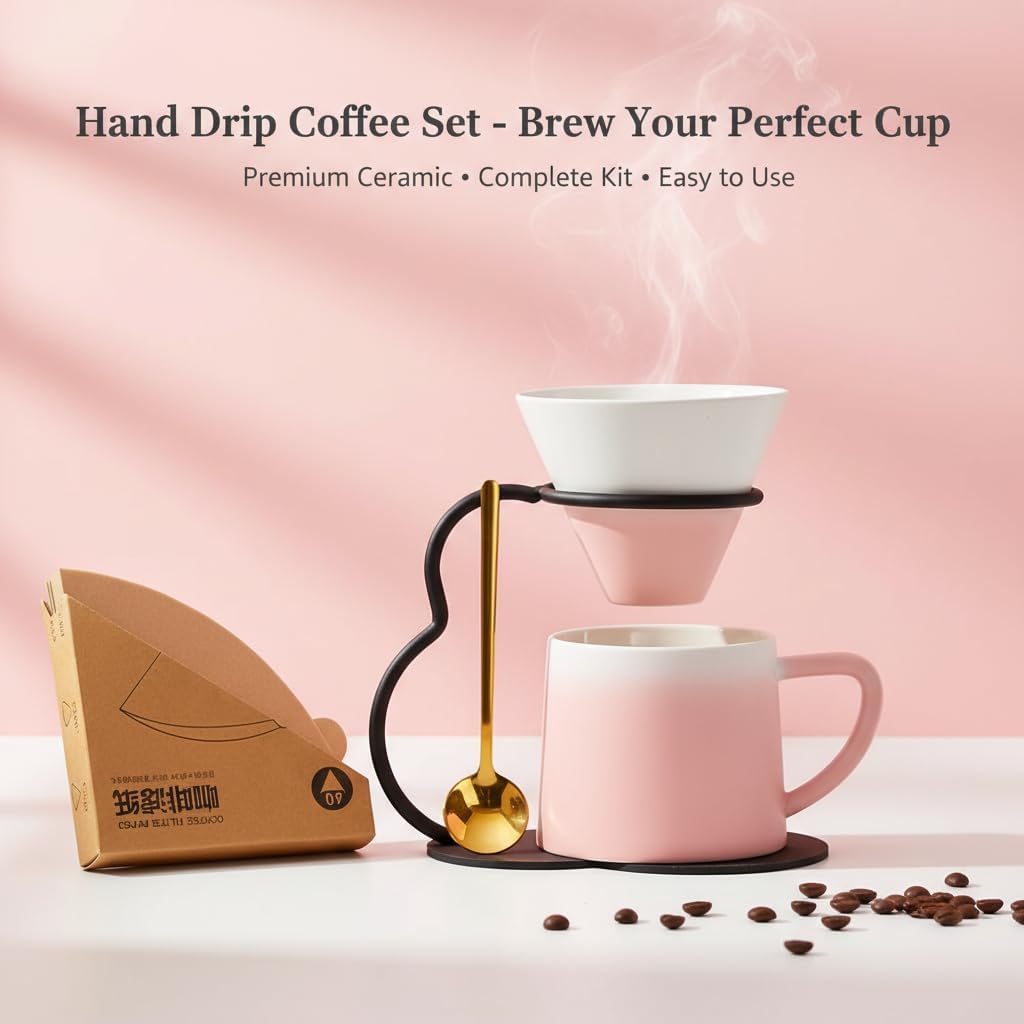 Pour Over Coffee Maker set,Ceramic Coffee Maker With V60 40 pcs Paper Filter，Metal Stand 9oz 270ml mug Pour Over Coffee Dripper Pink
