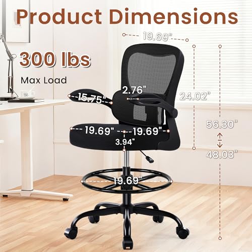Image of AreShark Drafting Office Chair - Ergonomic Tall Office Chair with Adjustable Footrest Ring - Counter Height Adjustable Rolling Standing Desk Chair with Lumbar Support and Flip-up Armrests for Home