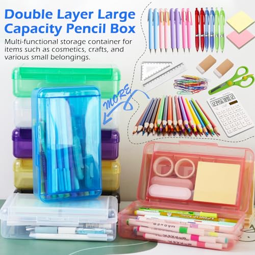 Image of 6 Pack Double Layer Hard Pencil Cases, Plastic Translucent Pencil Box with Snap-Tight Lid for Pens, Pencils, School, Stylish Office Supplies Storage Organizer Box (Multi-color)