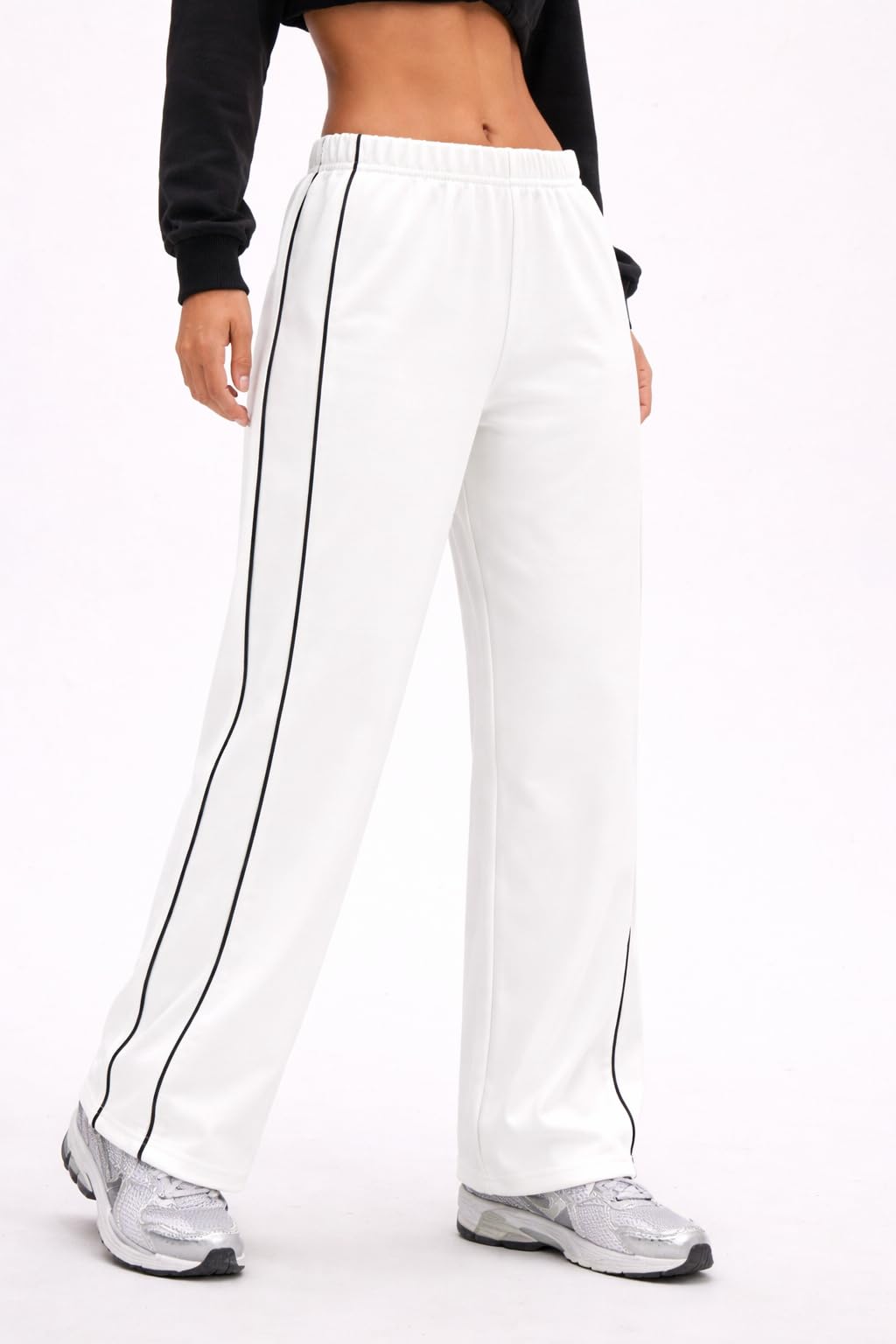 Stylish Women White Track Pants Wide Leg High Waist Athletic Trousers with Side Stripe Casual Gym Wear Loose Fit Joggers Comfortable Bottom-picture-50