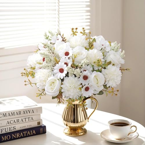Image of Artificial Flower Bouquet for Home Decoration - 2 Pcs Faux Rose & Daisy Bouquet (Without Pot) Artificial Flowers for Living Room, Bedroom, Office, Vase Decoration (White)