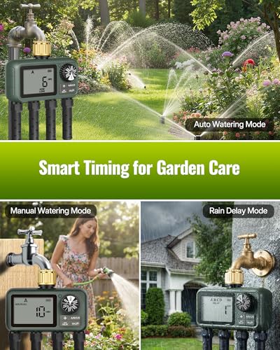 Image of 4-Zone Automatic Water Timer, 4 Plastic Outlets, Garden Hose Faucet Timer with Auto /Manual /Rain Delay Watering, for Garden, Yard, Lawn, Dark Green F14WT06