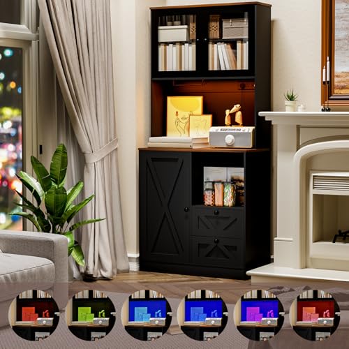 Image of 71''Kitchen Pantry Storage Cabinet with LED Lights and Power Outlet, Tall Farmhouse Kitchen Hutch with Microwave Stand,Globet Hooks and Adjustable Shelf for Dining Living Room,Black