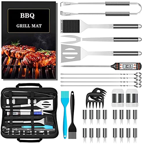 Set Barbecue di Attrezzi,25 Piezas de Accesorios de Barbacoa en Acciaio Inossidabile,con Tappetino per Barbecue e Manicoo Resistente Al Calore,Kit BBQ Utensili Professionale Perfetti Regalo Uomo Cover