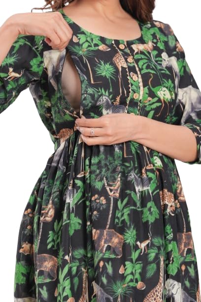 Image of Women's Feeding Kurta Cotton | Floral Anarkali Pregnancy Kurta with Nursing Zipper | Pre & Post Partum | Maternity Dresses | Mom to Be Gift