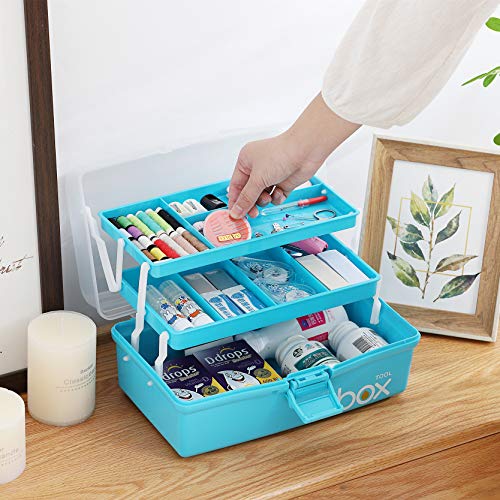 Sunxenze 12'' Three-Layer Clear Plastic Craft Storage Box, Tool Box/Sewing Box Organizer, Art Storage Box With Handle (Light Blue) #TOP5