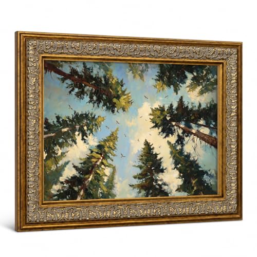 Pine Forest Gold Framed Wall Art, Vintage Woodland Canvas Print,