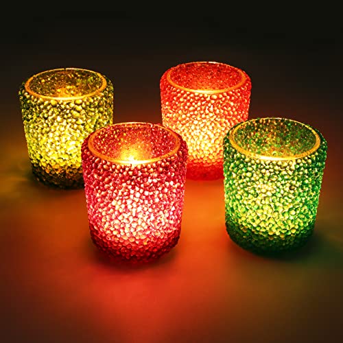 Votive Candle Holders 4pcs, Glass Tealight Candle Holders for Table, Handmade Romantic Colorful Candle Holders for Home Decor & Party Centerpieces Decorations