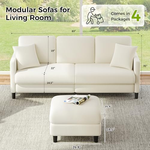 Image of Welzona 83 inch Couches for Living Room, Teddy Sofa Couch with Storage Ottomans, U Shaped Couch with Movable Ottomans, Tool-Free Modular Sectional Sofa, All-Wood Sofas for Living Room 2 Pillows, Beige