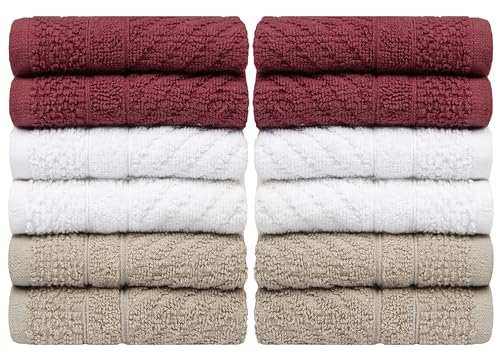 Image of PH Pleasant Home Diagonal Wash Cloths Set - 12 Pack (12 inch x 12 inch) - 509 GSM - 100% Ring Spun Cotton Wash Cloth - Super Soft and Highly Absorbent Face Towels (Maroon, White & Tan)