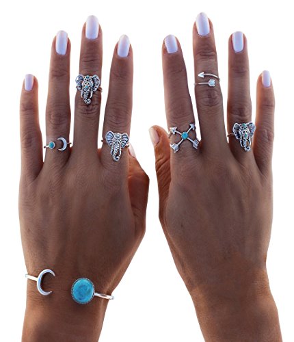 Cougar's Choice 6 Pcs Vintage Arrow Moon Turquoise Joint Knuckle Nail Midi Rings with Bracelet