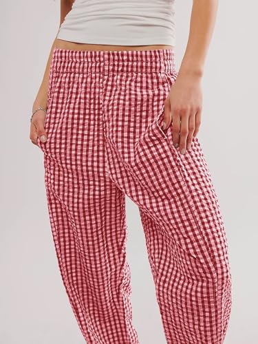 YKR Plaid Pants for Women Gingham Lounge Wide Leg Low Waist Pajama Pants Elastic Waist Trousers with Pocket4