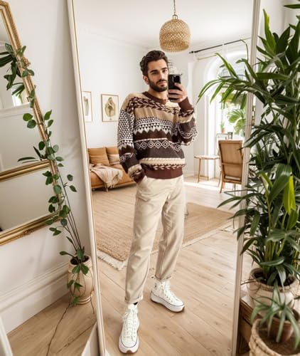 Flygo Men's Vintage Grandpa Sweater Crewneck Oversized Striped Aztec Cable Knit Pullover Unisex Jumper Tops4