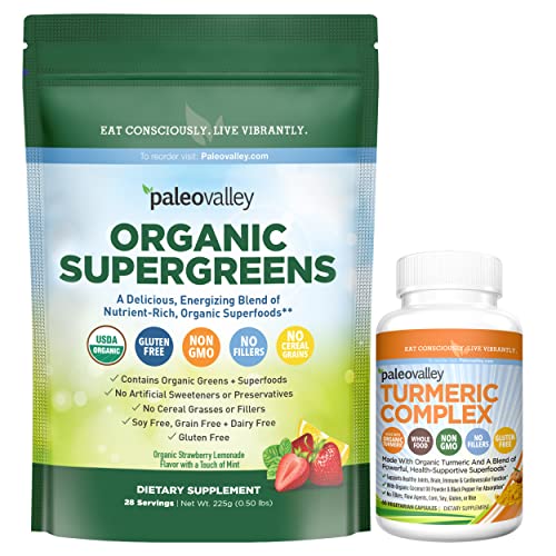 Paleovalley 2-In-1 Organic Supergreens & Turmeric Complex Bundle - Greens And Superfood For Energy Support - Superfood Turmeric For Strong Joints And Immunity - Gluten Free, Non-Gmo, No Fillers #TOP14