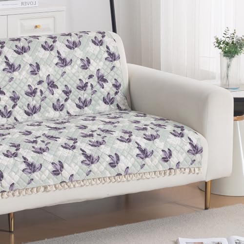 Image of HOKIPO Lavender Vine Quilted Sofa Cover with Tassels 3 Seater for Seat & Back, (152x175 cm), 'Tassel Twigs' Series (IN-991-T1)
