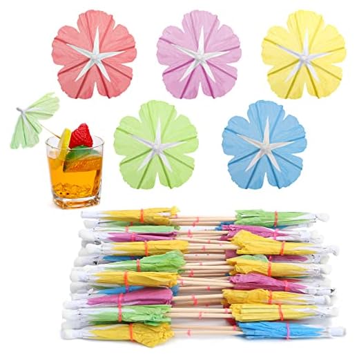 40 Pieces Drink Umbrellas Cocktail Picks Parasol Cocktail Umbrellas Sticks with Wood Toothpicks for Summer Hawaiian Cupcake Toppers Umbrella Handmade Sticks Party Decor (Hibiscus)