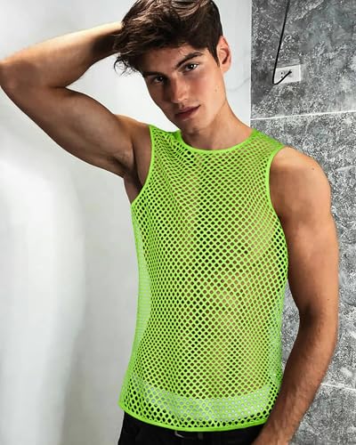 men39s mesh fishnet muscle top see through shirts fitted crew neck tee clubwear