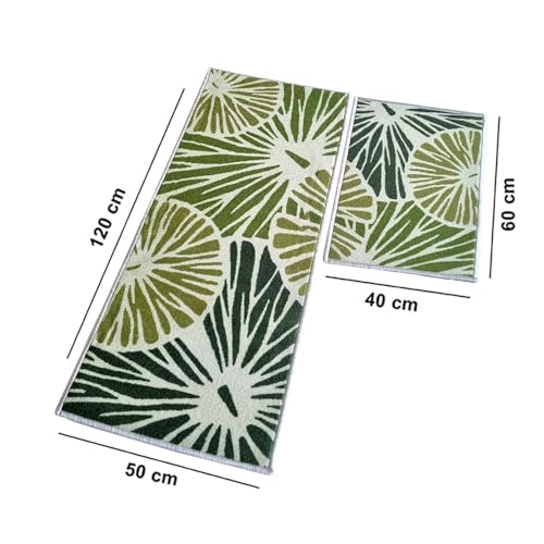 Image of Matz&More Floral Pattern Runner Carpet Set | 2 Piece Anti-Slip Nylon Floor Mat 50 x 120 cm Runner & 40 x 60 cm Mat | Washable Low Pile Indoor Rug for Kitchen, Bedroom, Bathroom & Entrance | Green