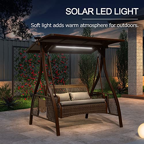 Image of PURPLE LEAF Patio Porch Swing Chair with Canopy 2 Person Hand-Woven Wicker Outside Glider w /Solar LED Light and Cushions for Backyard Loveseat Bench Outdoor Hamock Swinging Chairs