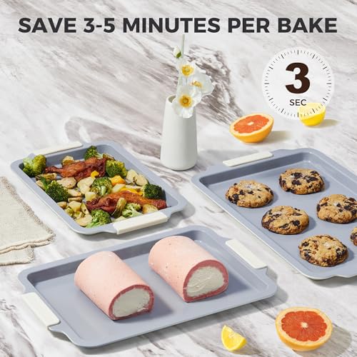 HONGBAKE Non Stick Ceramic Baking Tray Set of 3, Heavy Duty Aluminized Steel Oven Trays - PFOA/PTFE Free Baking Sheets for Oven with Silicone Handles, Professional Bakeware Set - Image 3