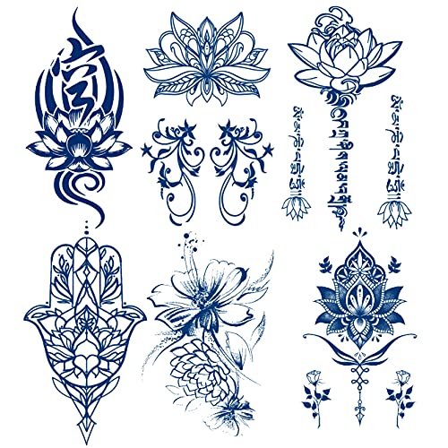Temporary Lotus Tattoos Sticker, 6-Sheet 2 Weeks Long Last Lotus Flower Tattoos, 100% Plant-Based Semi Permanent Tattoo #TOP27