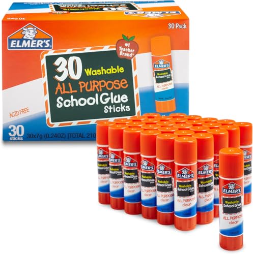 Elmer's All Purpose School Glue Sticks, Acid-Free and Washable, Clear, 7 Grams,Craft Projects, Poster, Classroom Supplies, #1 Teacher Brand, 30 Count, Standard Sticks (Pack of 12)