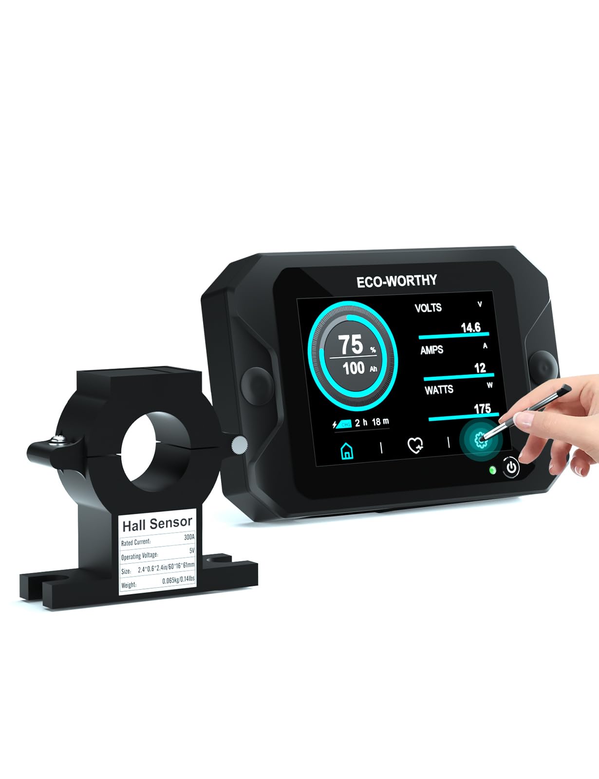 ECO-WORTHY Ulepszony monitor baterii 300 A 12 V/24 V/36 V/48 V 3,5-calowy ekran dotykowy monitor baterii z alarmem, tester baterii litowej do kampera, systemów solarnych