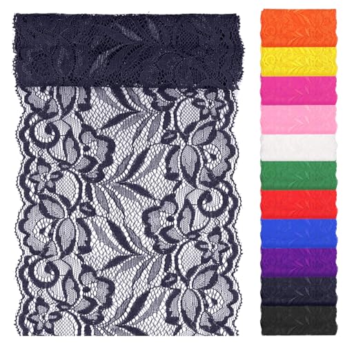 Swpeet Ruban élastique en dentelle bleu marine de 4,6 m x 15,2 cm de large, ruban de couture élastique pour vêtements, bandeaux, fabrication de bouquets de mariage, loisirs créatifs