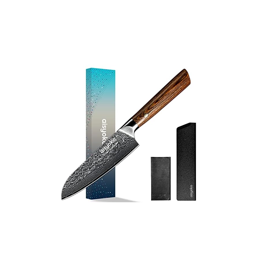 aisyoko Santoku Knife 5 inches-Japan VG-10 Super Steel 67 Layer Damascus Steel-Sharp Kitchen Knife-Luxury Gift Box with Colored Wooden Handle-With Scabbard