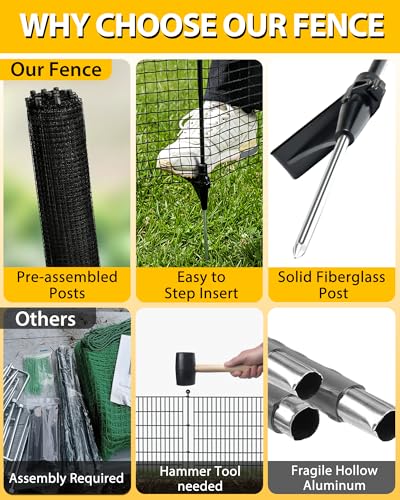 Image of Temporary Fence with Posts, 4'x82' Plastic Fencing Garden Fence Animals Barrier with Fiberglass Stake Windbreak Rope, Portable Snow Fences, Fencing for Dogs Outdoors Backyard (Black)