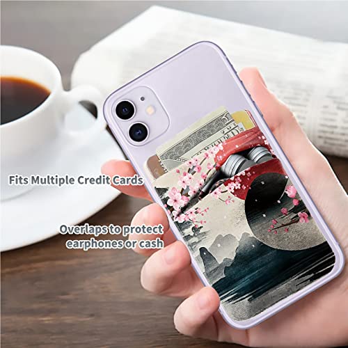 Stick On Cell Phone Wallet, Cherry Blossom Moon Stretchy Lycra Double Pocket Credit Card and Money Holder Adhesive Sticker Phone Pouch Sleeve for Back of iPad iPhone Android and All Smartphones
