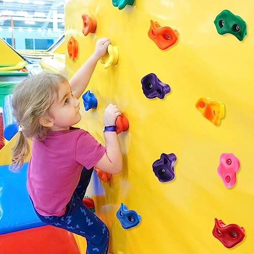 Meooeck 72 Pcs Kids Rock Climbing Holds Set Rock Climbing Wall Kit Colorful Climbing Wall Grips with Mounting Screws and Hardware for DIY Indoor Outdoor Playground Play Set