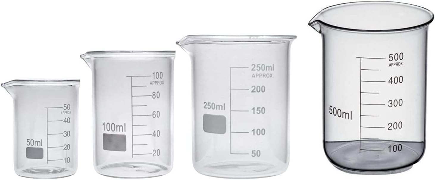 ENVICARE™ Borosilicate 3.3 Glass Beaker 50ml, 100ml, 250ml, 500ml with +0.5/-0.5 Tolerance (Complete Graduated Mark) Pack of 4 Beakers by ENVICARE™
