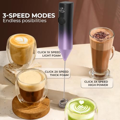 Image of Zulay Kitchen Rechargeable Milk Frother Handheld - Frother Wand, Drink Mixer, Electric Whisk Frother, for Cappuccinos, Matcha & Protein Powder - Dynamic Triple Whisk, 3 Speed 500mAh Galaxy