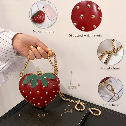 Strawberry Heart-Shaped Crossbody Bag for Girls, Studded Fruit Shoulder Bag with Chain2