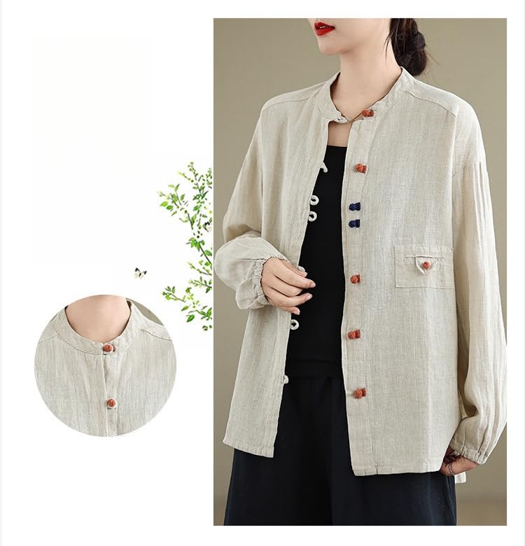 Camisas De Manga Larga De Lino Y Algodón para Mujer, Blusa Tipo Túnica con Botones Y Cuello Redondo Verde Salvia, Informal, Holgada, para Uso Diario Y Elegante.