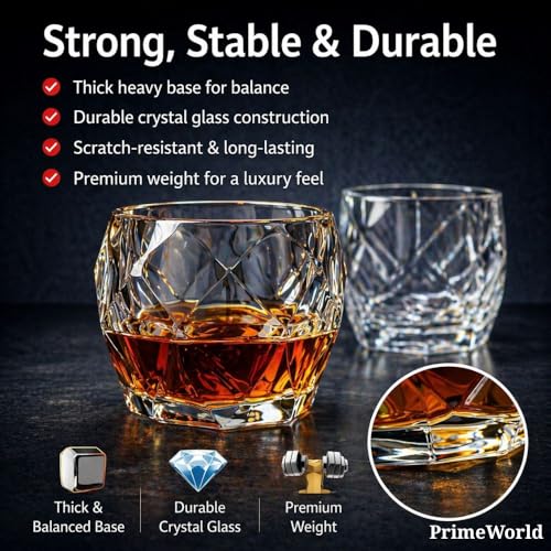 Image of PrimeWorld Stylish European Crystal Whiskey Glasses Set of 6 pcs- 300 ml Bar Glass for Drinking Bourbon, Whisky, Scotch, Cocktails, Cognac- Old Fashioned Cocktail Tumblers