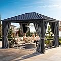YITAHOME 10'X12' Single Hardtop Gazebo Metal Outdoor Patio Galvanized Iron Aluminum Column Garden Tent Curtains Netting for Backyards Decks Lawns,Gray
