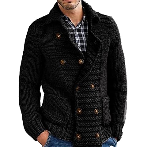 PASLTER Mens Double Breasted Stand Collar Cardigan Sweaters Long Sleeve Stylish Sweater with Pockets, Black, Large Cover