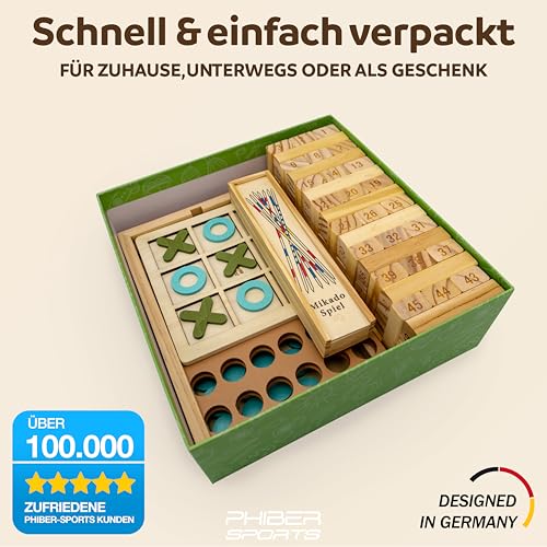PHIBER-SPORTS 4-in-1 Holz Spielesammlung: Wackelturm, Vier-in-Einer-Reihe, Tic Tac Toe & Mikado Kinder & Erwachsene - Robust, Langlebig & Plastikfrei - Holzturm 4 Spiel