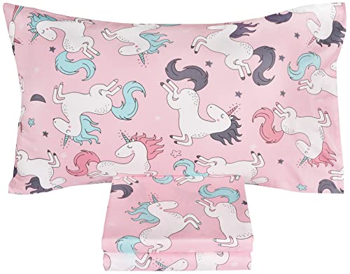 J-Pinno Pink Unicorn 100% Cotton 3 Pieces Cartoon Toddler Sheet Set For Kids Boys Girls, Flat Sheet Fitted Sheet And Pillowcase, Cozy Breathable Unisex Nursery School Crib Bedding Set (Unicorn) #TOP1