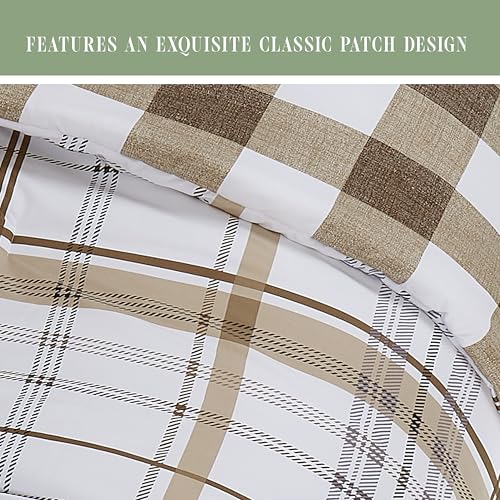 Image of Elegant Comfort 8-Piece Lodge Plaid Reversible Comforter Set - All Season Bed in a Bag, 4-Piece Sheet Set Featuring Smart Pockets, Matching Shams and Decorative Pillow, Full /Queen, Taupe