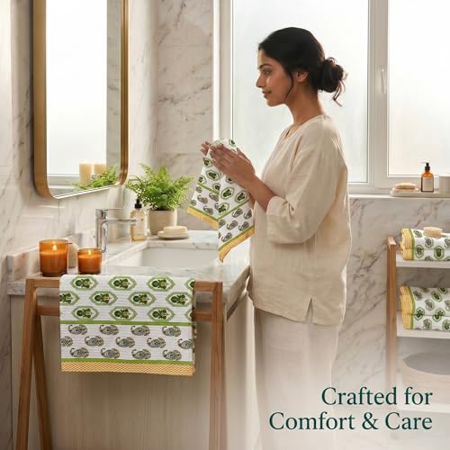 Image of Mafatlal Madhuban Cotton Waffle Set (1 Bath 147x76 cm + 2 Hand 76x38 cm) | 250 GSM | Quick Dry, Hand Printed Floral | Irish Green