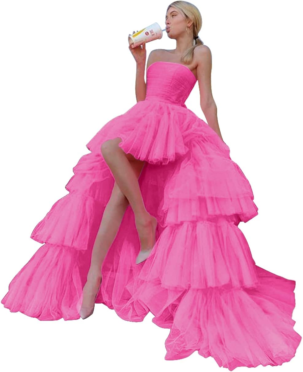 Sevintage High Low Tulle Prom Dress for Women Long Strapless Layered Formal Party Dresses with Train