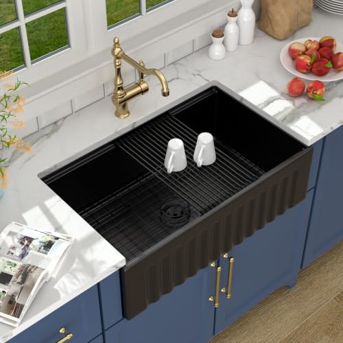Image of Lordear 33 Black Farmhouse Sink Workstation Porcelain Farm Kitchen Sinks Matte Black Single Bowl Basin 33x20x10 Inch Large Bowl Sink