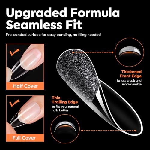 Image of Modelones Almond Nail Tips, 15 Sizes 40 Grit Pre-Etched Half Matte Clear Short Almond Fake Soft Ge Nails Tips Full Cover Acrylic Gel Kit Press On Nails for Extension Manicure DIY Salon 240Pcs