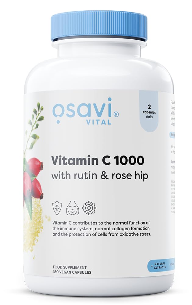 Osavi Vitamin C 1000 with Rutin & Rose Hip – 180 Vegan Capsules | Buffered Calcium Ascorbate | Supports Immunity, Collagen Formation & Iron Absorption | Gentle on The Stomach
