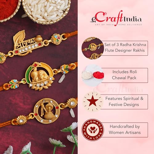 Image of eCraftIndia Set of 3 Shri Krishna, Radha Krishna, Dahi Handi Flute Designer Rakhis, Best Bro Ever Fridge Magnet with Roli Chawal Pack - Rakhi for Brother, Bhaiya, Bhai