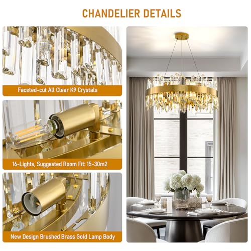 Modern Chandelier, 12-Lights 2 Tiers K9 Crystal Chandeliers for Dining Room, 24'' Gold Round Chandelier, Adjustable Chandeliers for Bedroom, Kitchen Island Pendant Lights Living Room