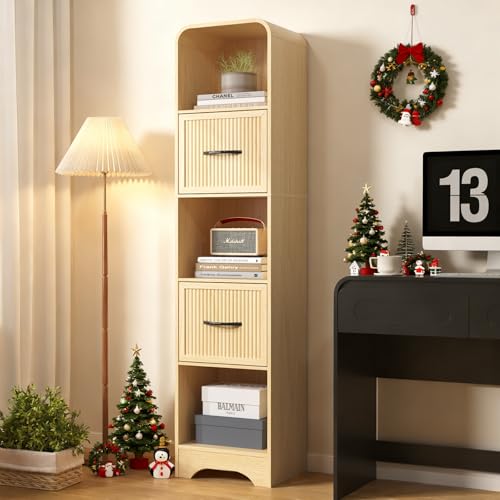 70' Tall Arched Bookcase and Book Shelf, Narrow Bookshelf with Drawers, Modern Wooden Bookshelves w/Adjustable 2 Bins Storage, Skinny bookshelf w/Open Display Shelves for Living Room, Office, Oak